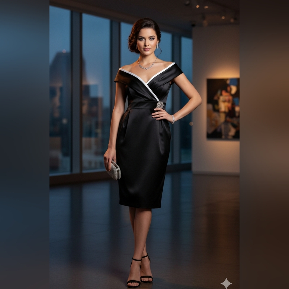 Victor Costa Black and White Off-Shoulder Midi Dress‎